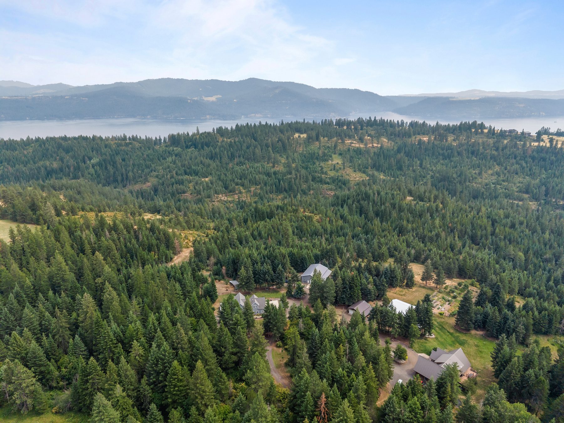 Aerial view of a forested North Idaho valley