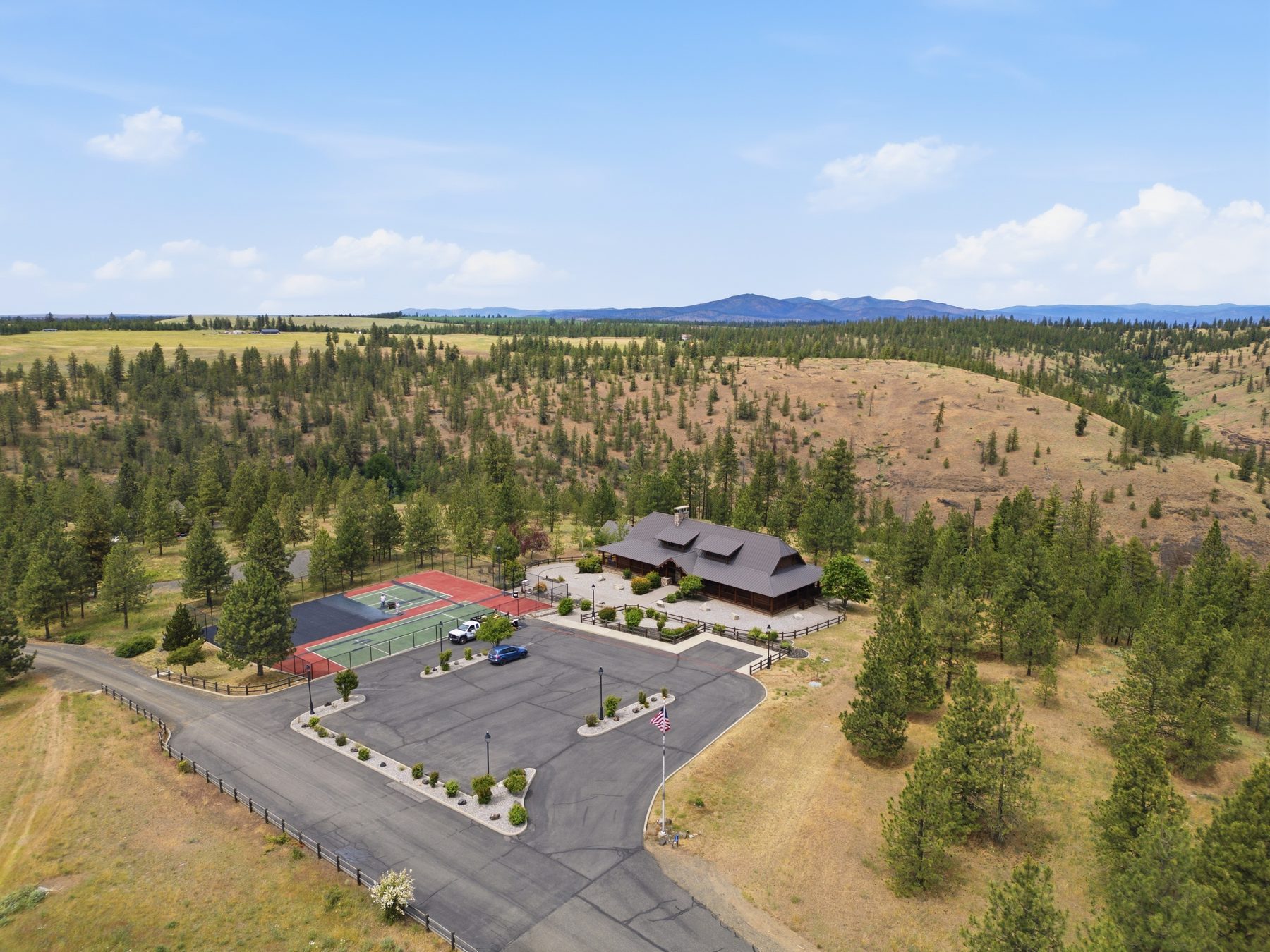 Aerial view of ranch property in the rolling hills outside Spokane