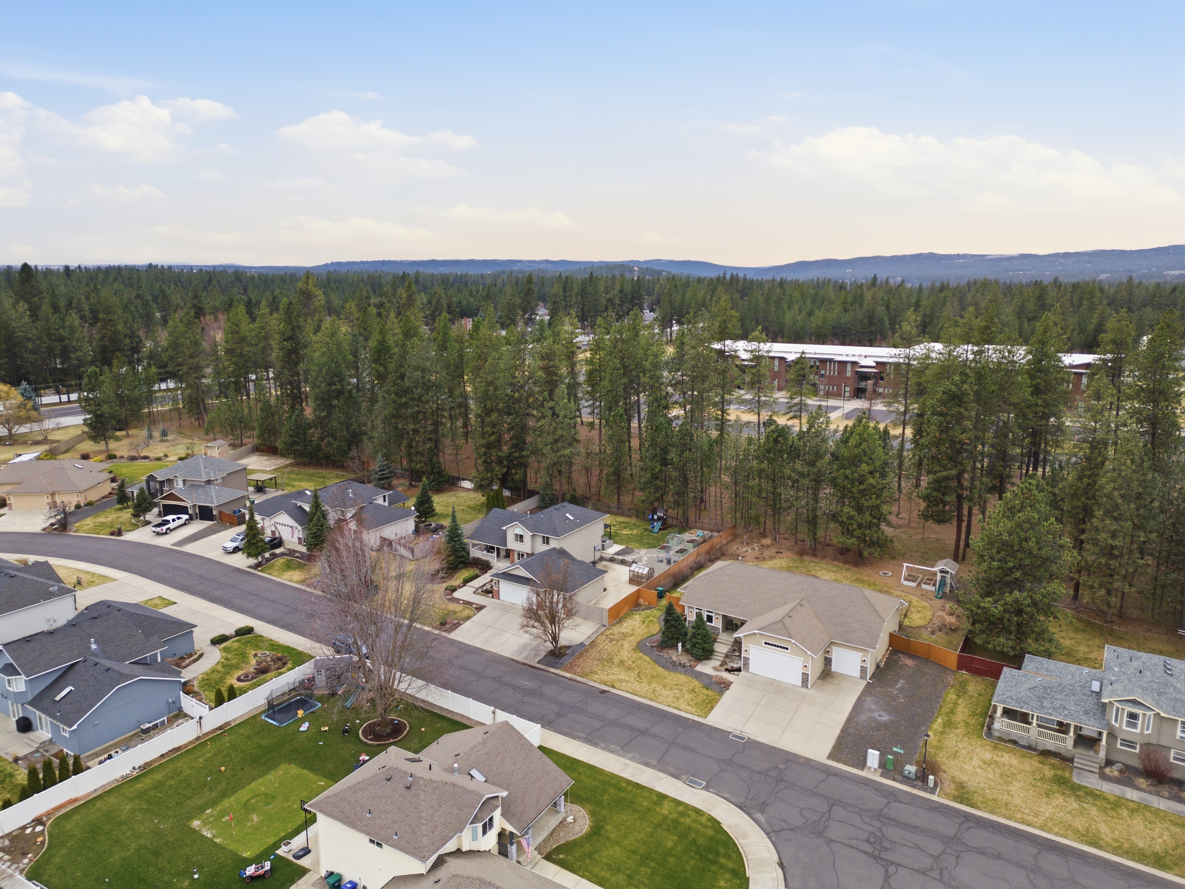 Aerial neighborhood view with mountain backdrop