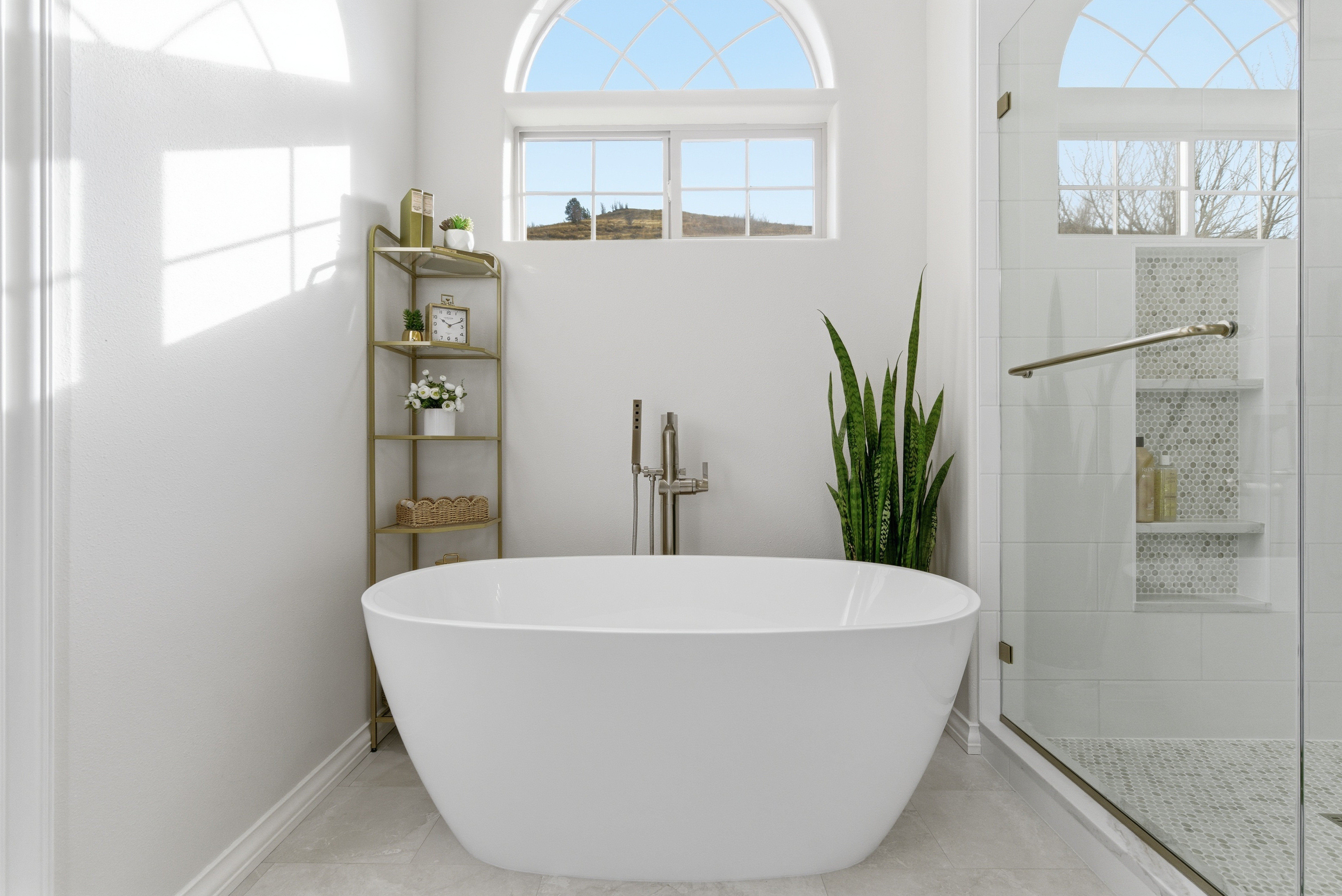 Freestanding soaking tub in master bath